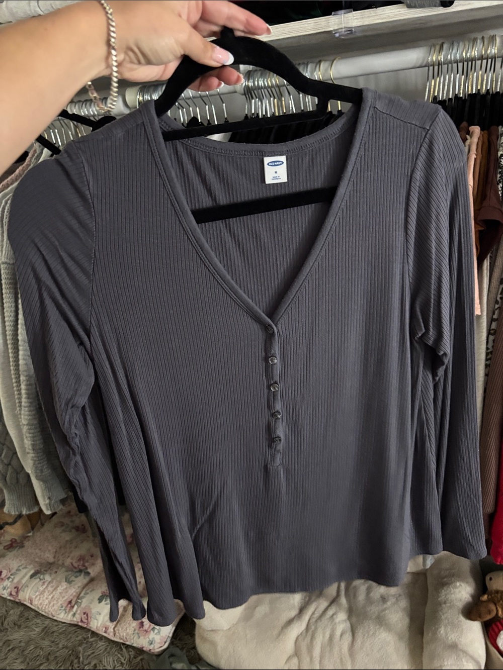 Old Navy Women's Ribbed Henley Top - Charcoal